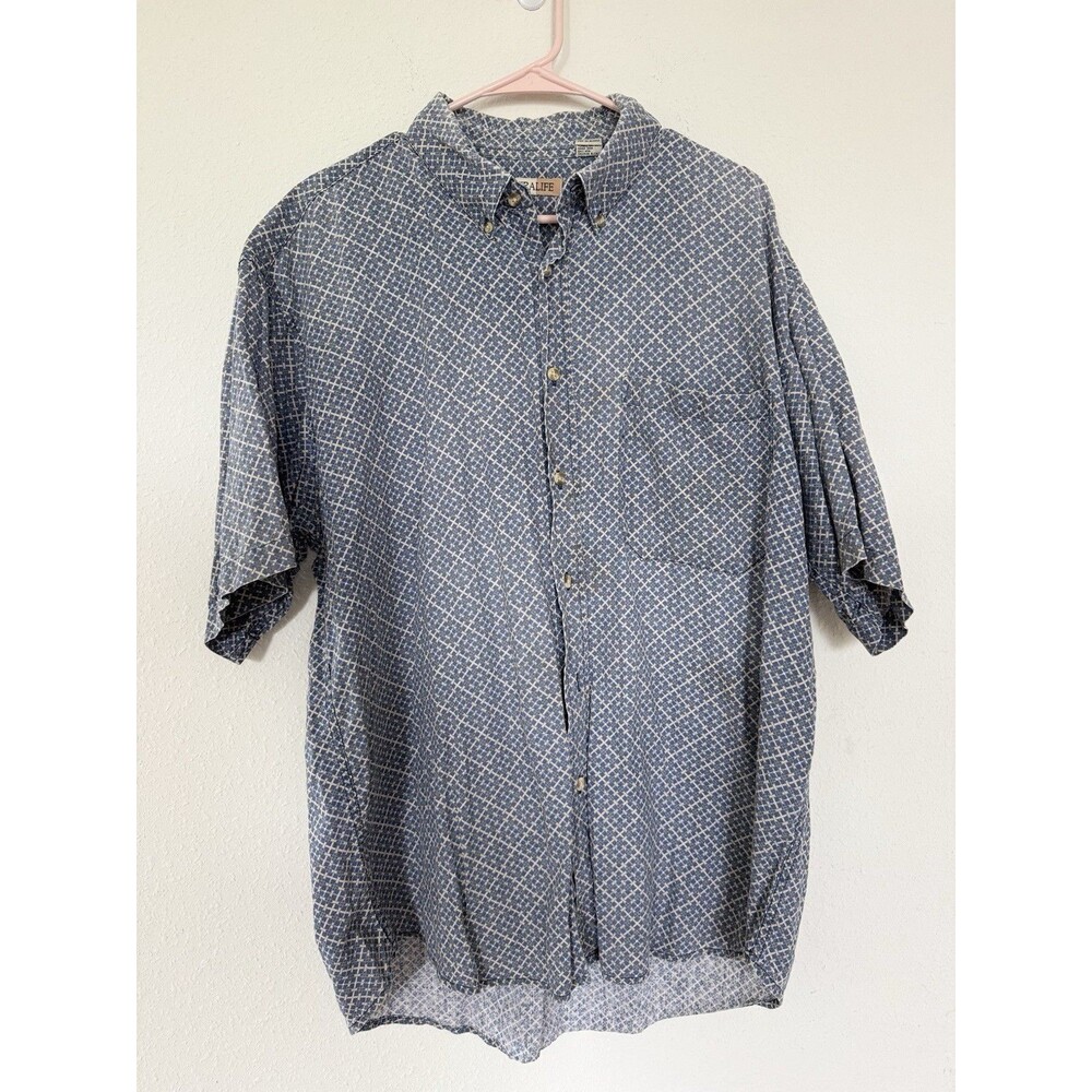 Naturalife Vintage Mens Linen Short Sleeve Shirt Retro Outdoors Geometric XL